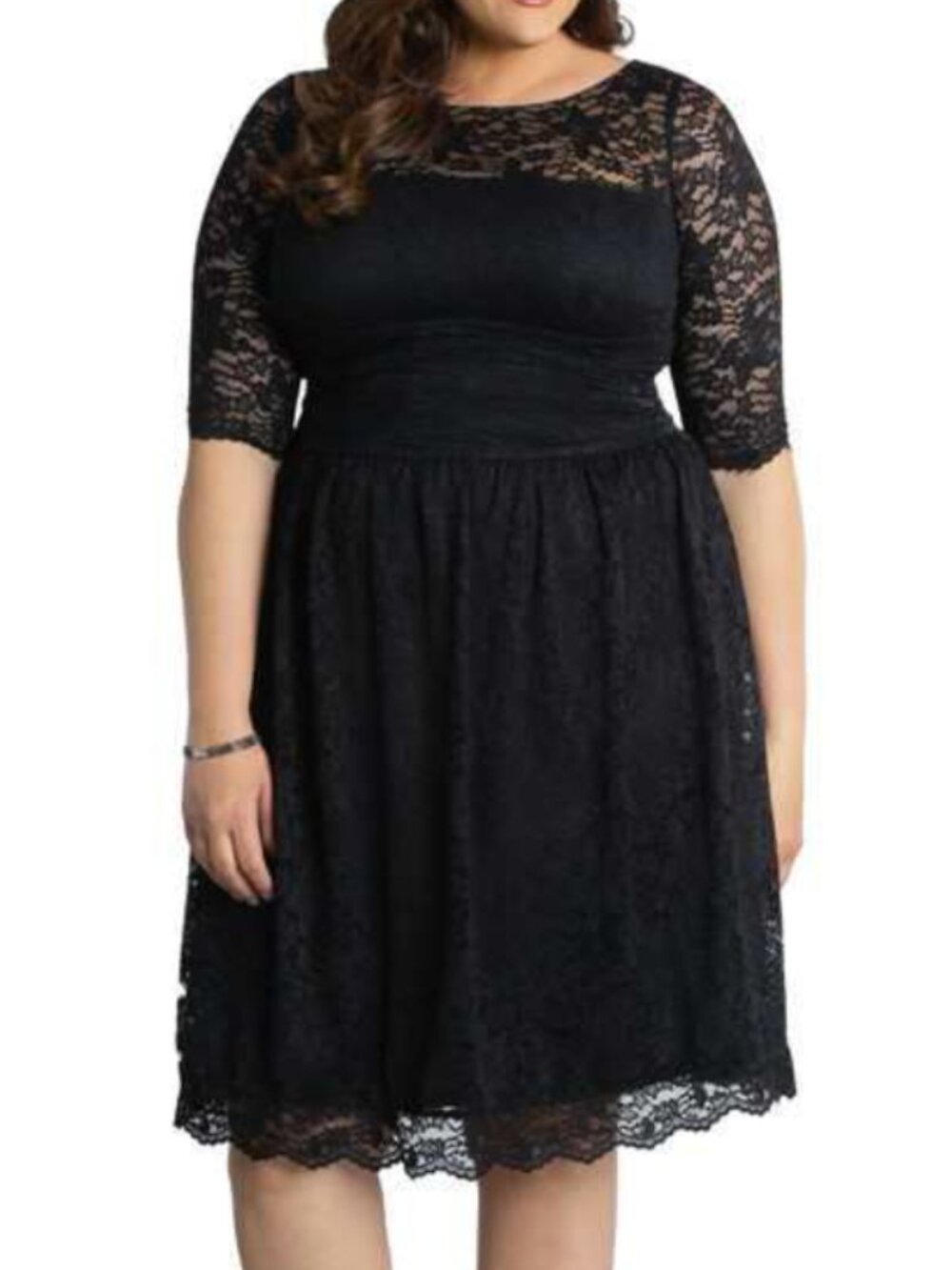 Kiyonna Black Lace Nude Panel Empire Waist Stretch Longsleeve Cocktail Dress